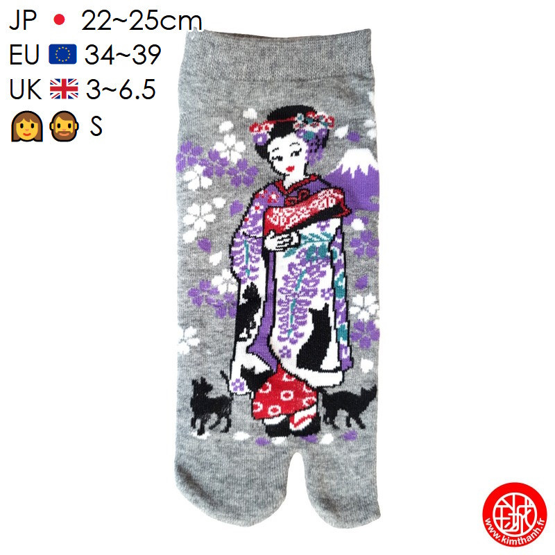 Tabi Socks (S) Socquettes à orteil japonaises ChATS et GEiShA grises (Taille extensible de 34 à 39)