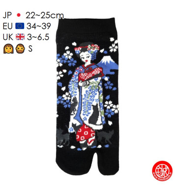Tabi Socks (S) Socquettes à orteil japonaises ChATS et GEiShA noires (Taille extensible de 34 à 39)