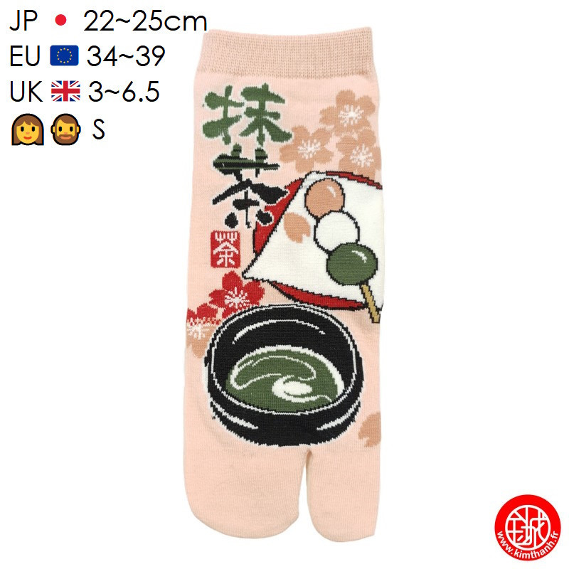 Tabi Socks (S) Socquettes à orteil japonaises MATChA et DANGO roses  (Taille extensible de 34 à 39)