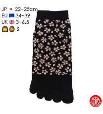 Socquettes à 5 doigts japonaises S FLEURS de CERiSiER noires (extensible t34 à t39)