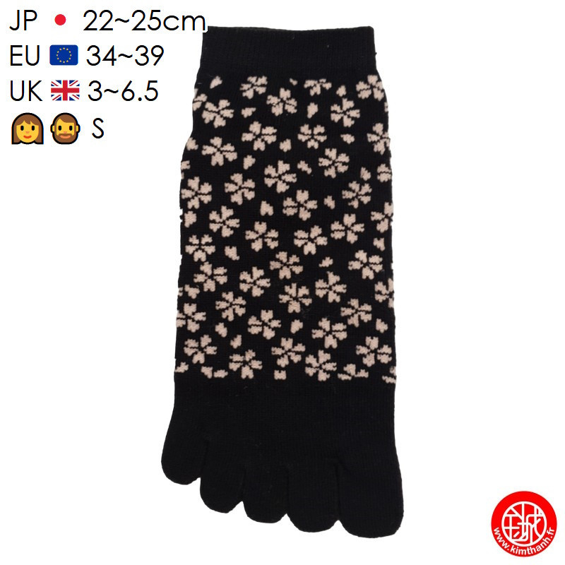 Socquettes à 5 doigts japonaises S FLEURS de CERiSiER noires (extensible t34 à t39)