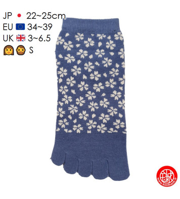 Socquettes à 5 doigts japonaises S FLEURS de CERiSiER bleues (extensible t34 à t39)