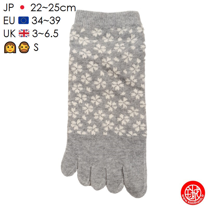 Socquettes à 5 doigts japonaises S FLEURS de CERiSiER grises (extensible t34 à t39)