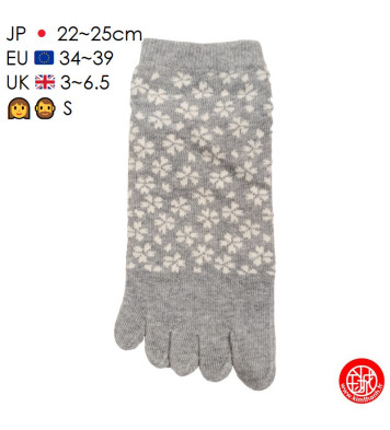 Socquettes à 5 doigts japonaises S FLEURS de CERiSiER grises (extensible t34 à t39)