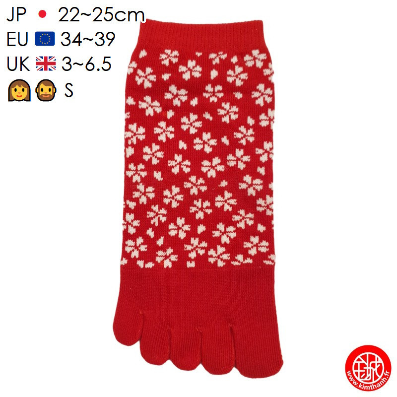 Socquettes à 5 doigts japonaises S FLEURS de CERiSiER rouges (extensible t34 à t39)