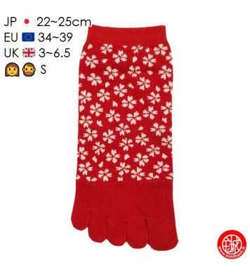 Socquettes à 5 doigts japonaises S FLEURS de CERiSiER rouges (extensible t34 à t39)