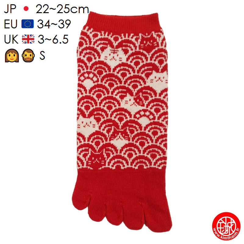 Socquettes à 5 doigts japonaises S ChAT dans les VAGUES rouges (extensible t34 à t39)