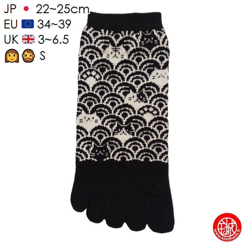 Socquettes à 5 doigts japonaises S ChAT dans les VAGUES noires (extensible t34 à t39)