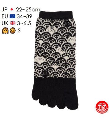 Socquettes à 5 doigts japonaises S ChAT dans les VAGUES noires (extensible t34 à t39)