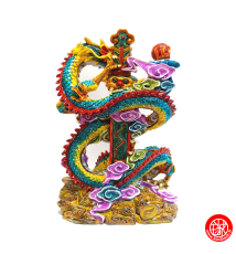 Dragon et épée Tao en résine peint à la main h20cm