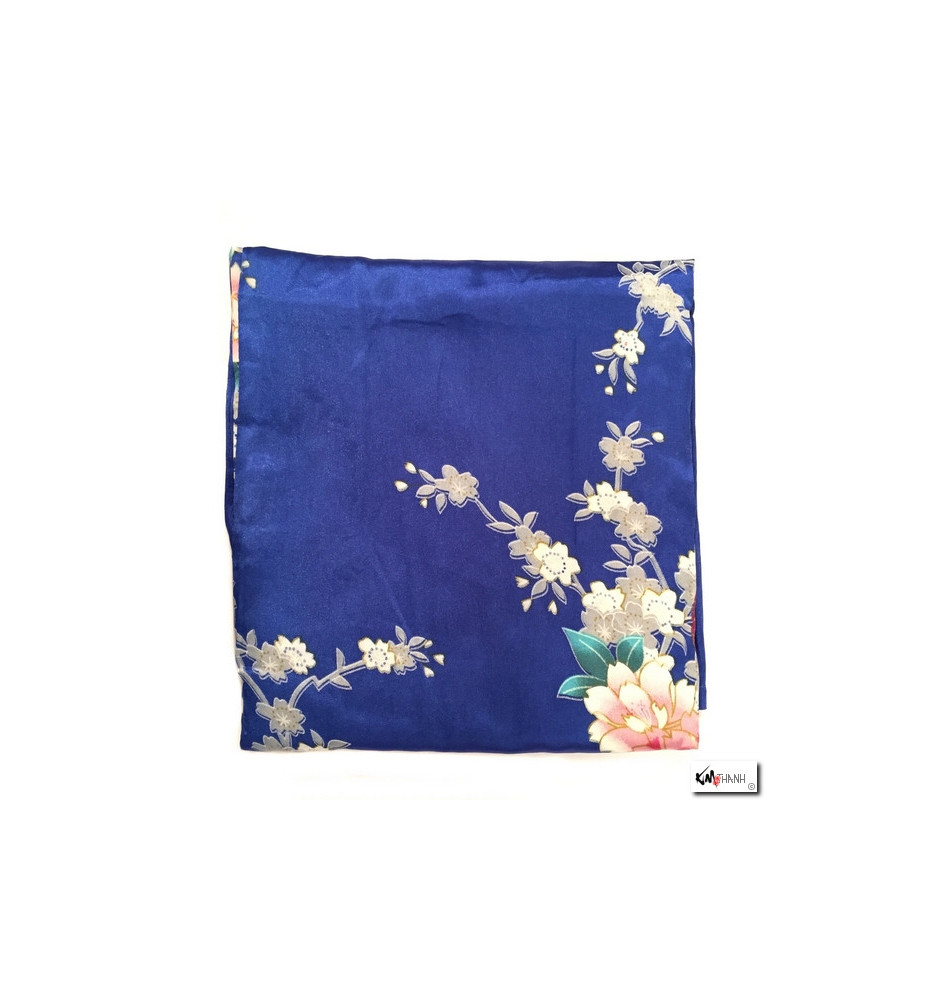 Kimono cache-coeur satiné imprimé FLEURS & PAON bleu marine (72cm)