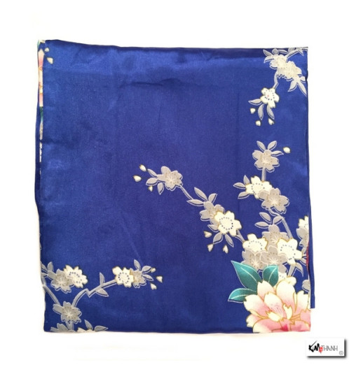Kimono cache-coeur satiné imprimé FLEURS & PAON bleu marine (72cm)
