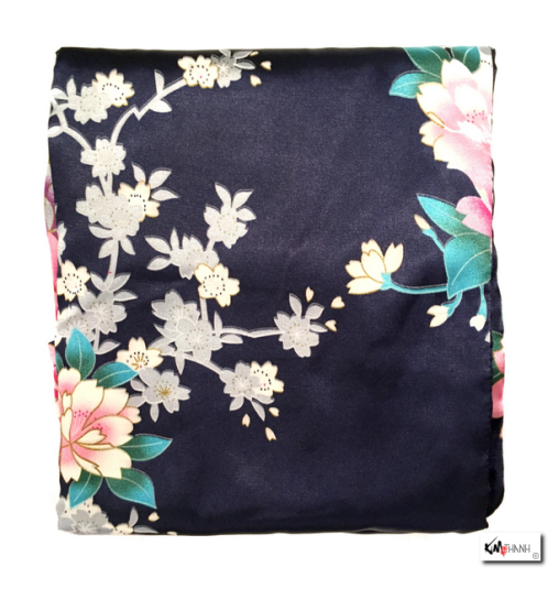 Kimono cache-coeur satiné imprimé FLEURS & PAON bleu nuit (72cm)
