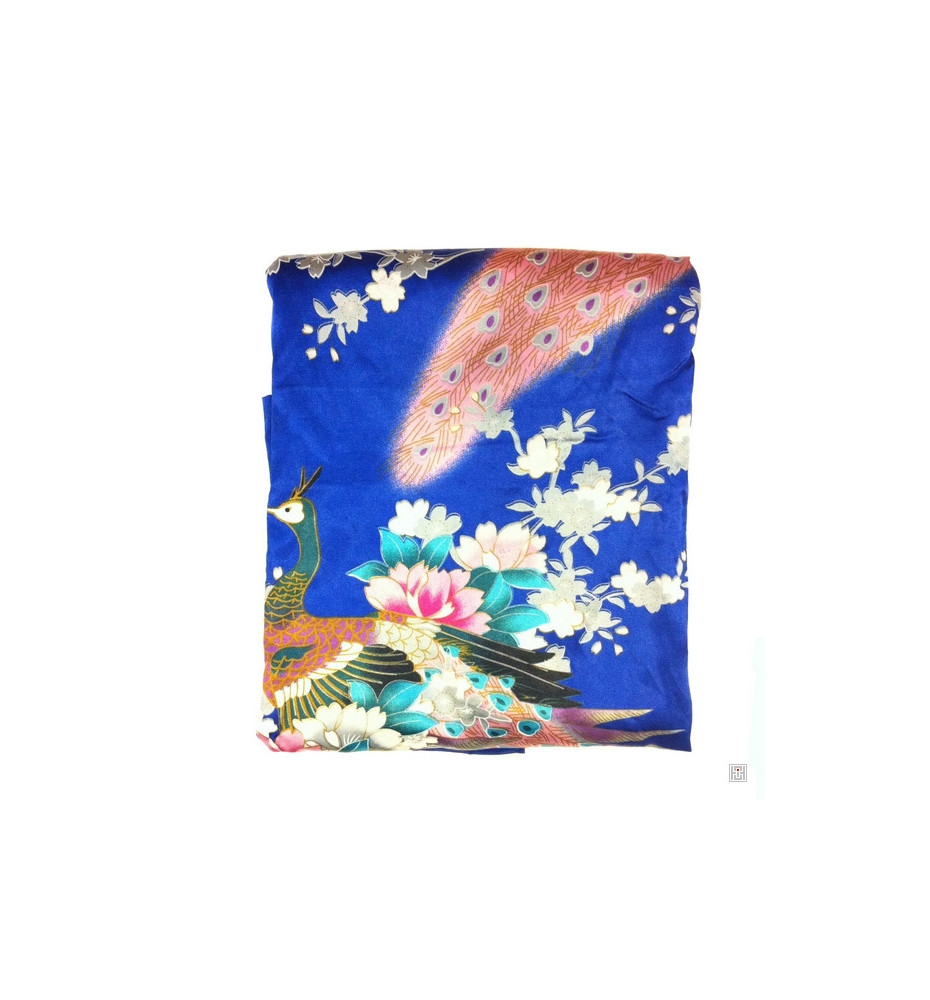 Kimono cache-coeur satiné imprimé FLEURS & PAON bleu roi (72cm) [16820058]