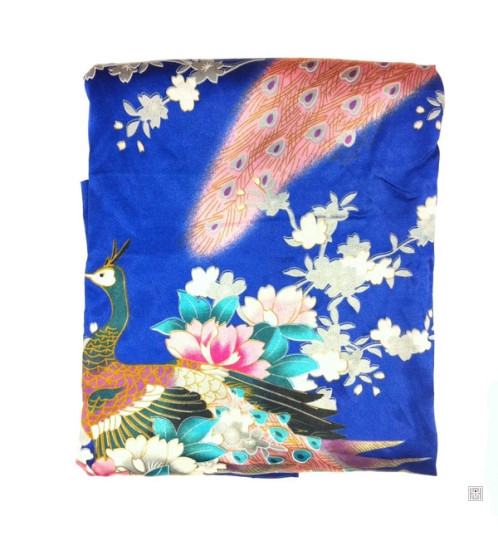 Kimono cache-coeur satiné imprimé FLEURS & PAON bleu roi (72cm) [16820058]