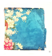 Kimono cache-coeur satiné imprimé FLEURS & PAON bleu turquoise (72cm)