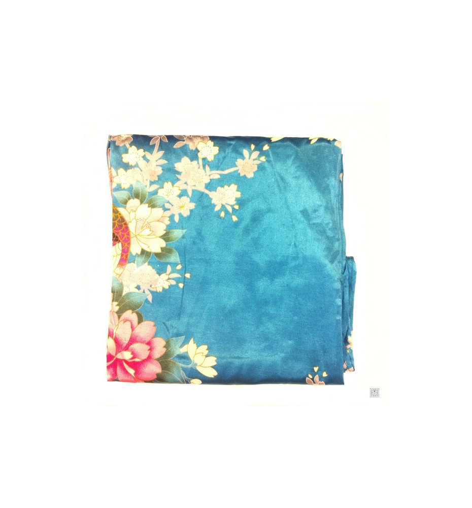 Kimono cache-coeur satiné imprimé FLEURS & PAON bleu turquoise (72cm)