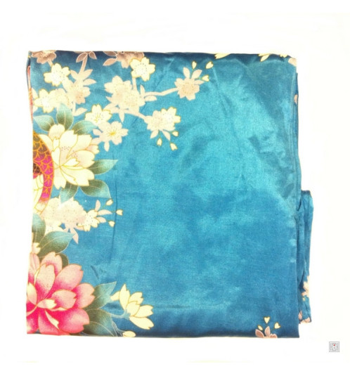 Kimono cache-coeur satiné imprimé FLEURS & PAON bleu turquoise (72cm)