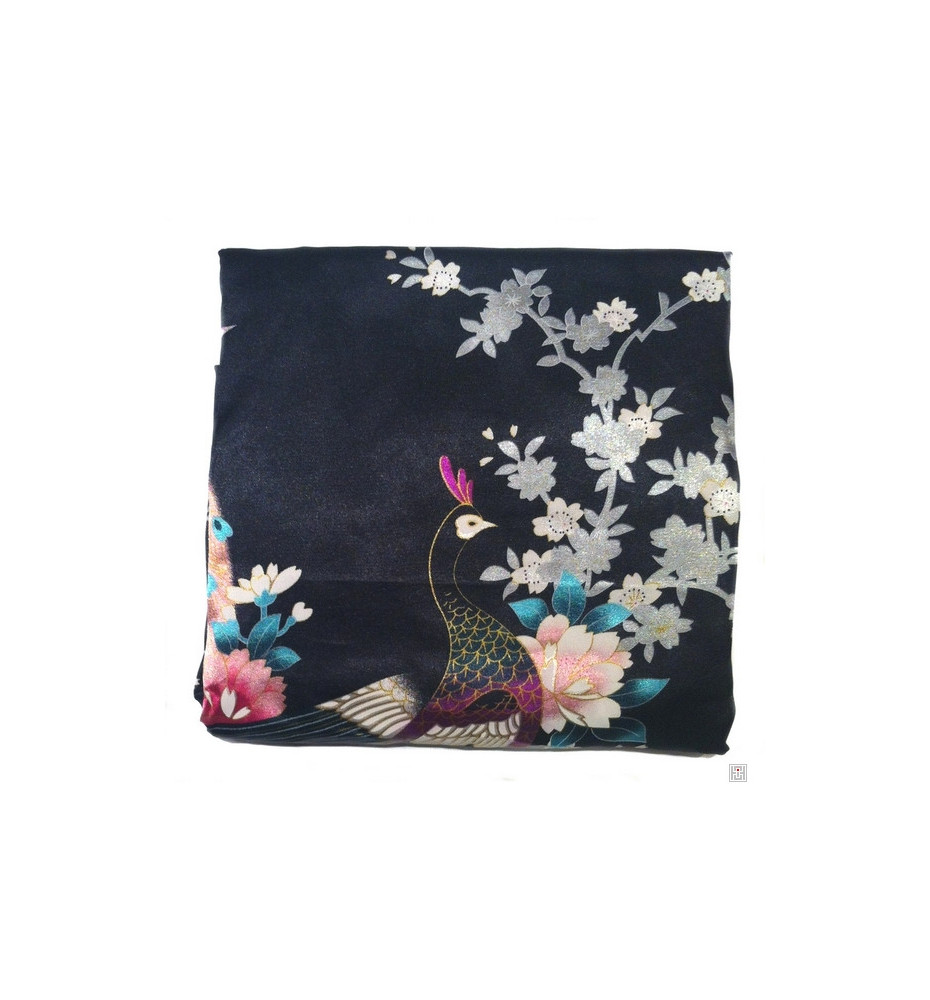 Kimono cache-coeur satiné imprimé FLEURS & PAON noir (72cm) [16820099]