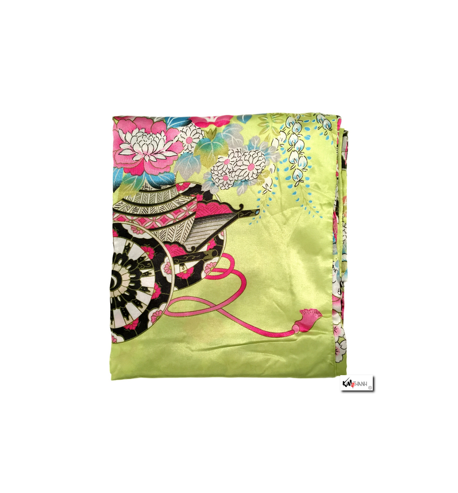 Kimono cache-coeur satiné imprimé FLEURS & PAON vert anis (72cm)