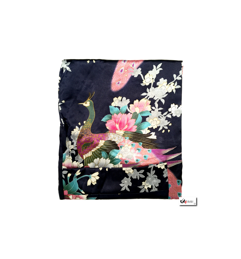 Kimono court satiné 2 poches imprimé FLEURS & PAON bleu nuit (90cm)