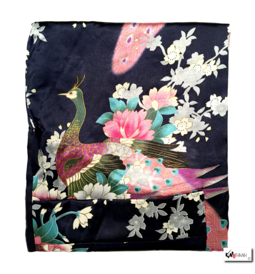 Kimono court satiné 2 poches imprimé FLEURS & PAON bleu nuit (90cm)
