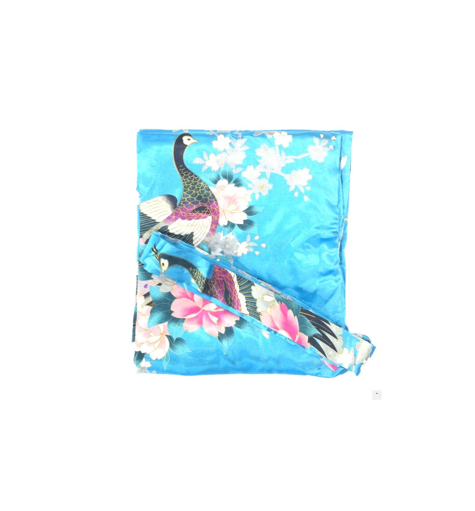 Kimono court satiné imprimé FLEURS & PAON bleu clair (90cm)