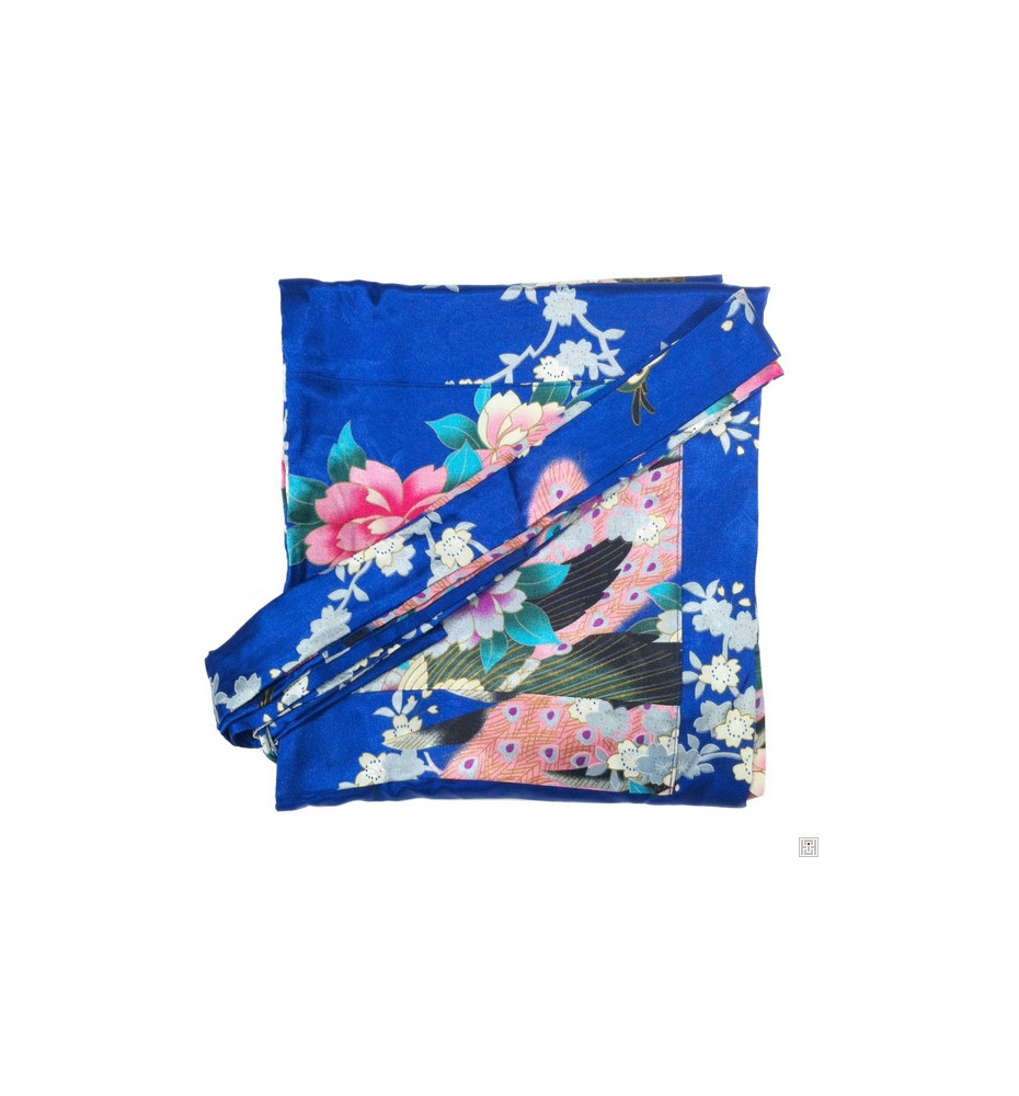Kimono court satiné imprimé FLEURS & PAON bleu roi (90cm)