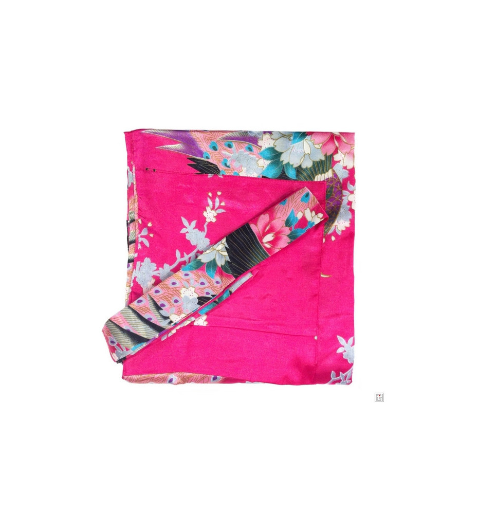 Kimono court satiné imprimé FLEURS & PAON fushia (90cm)