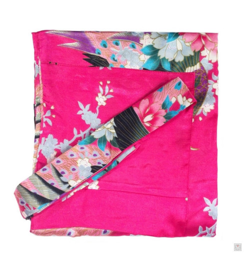 Kimono court satiné imprimé FLEURS & PAON fushia (90cm)