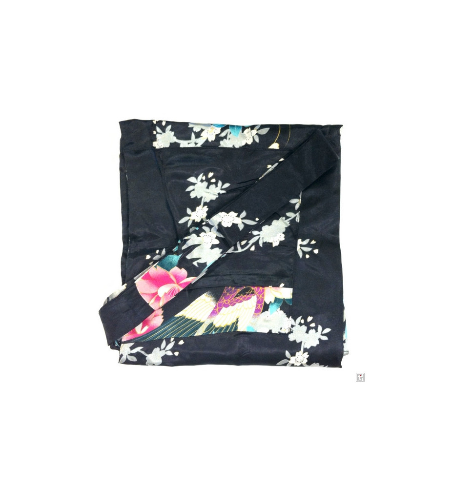 Kimono court satiné imprimé FLEURS & PAON noir (90cm)