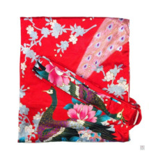 Kimono court satiné imprimé FLEURS & PAON rouge (90cm)