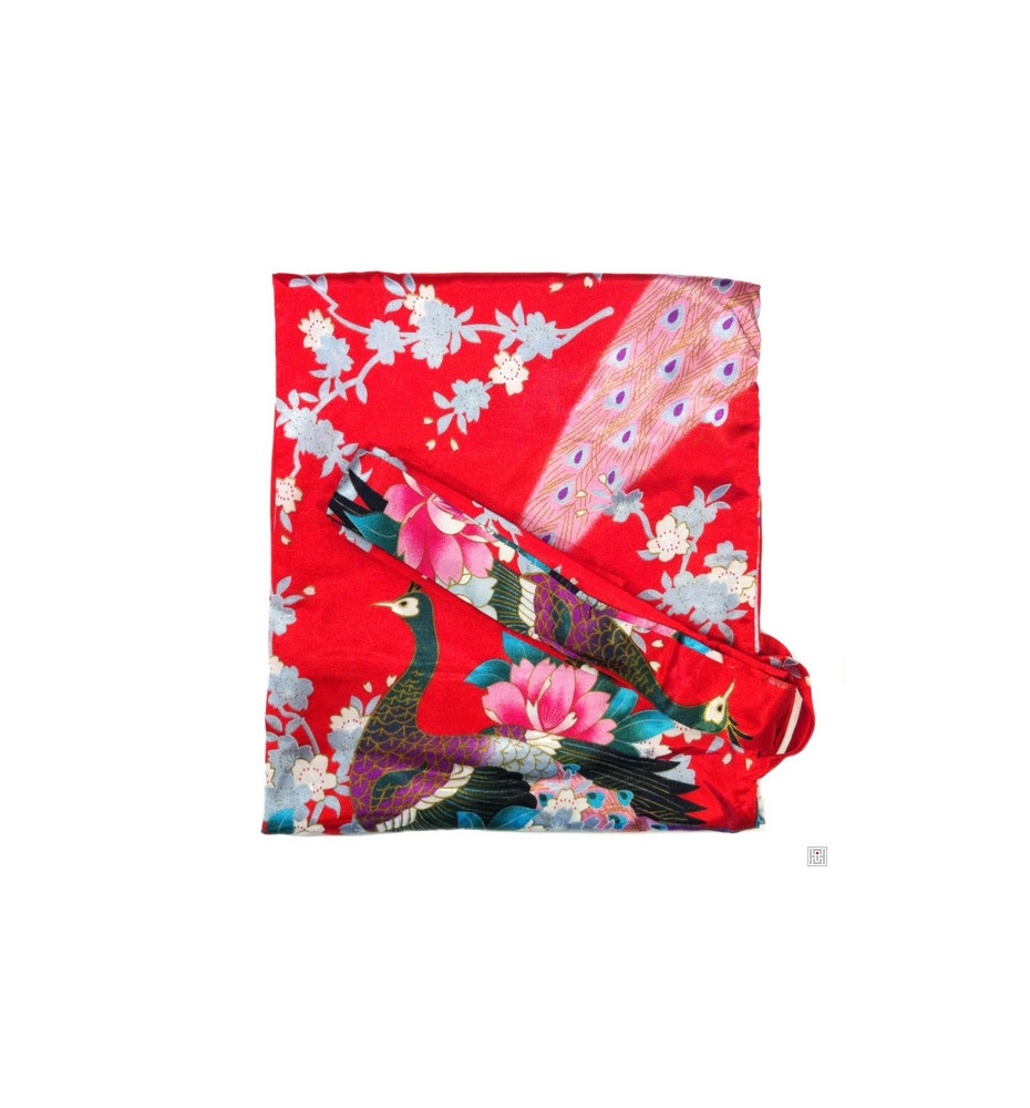 Kimono court satiné imprimé FLEURS & PAON rouge (90cm)