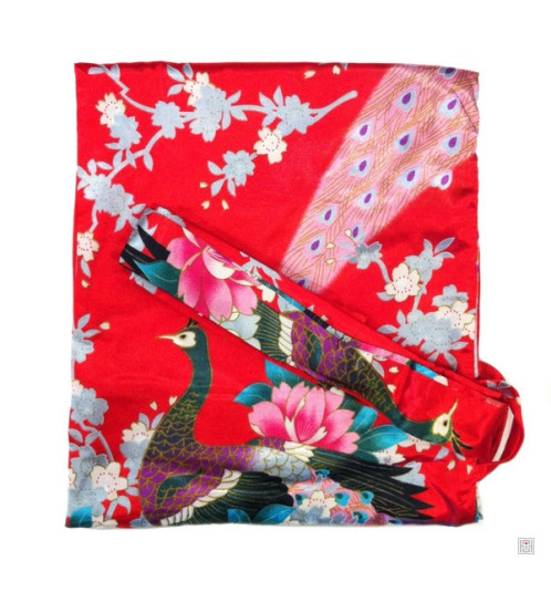 Kimono court satiné imprimé FLEURS & PAON rouge (90cm)