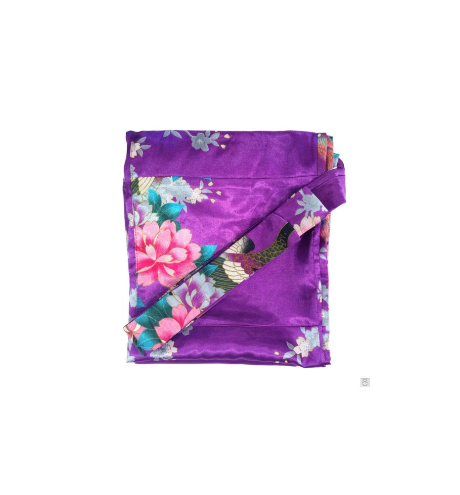 Kimono court satiné imprimé FLEURS & PAON violet (90cm)