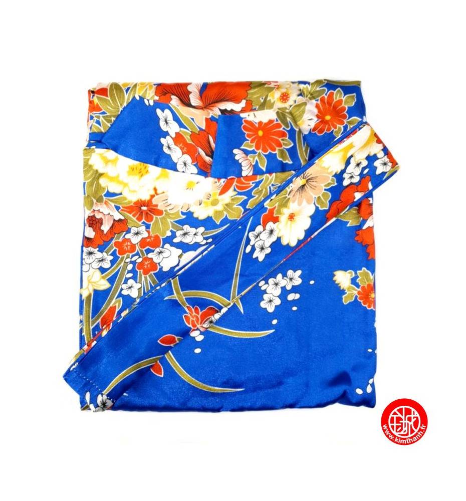 Kimono court satiné imprimé GRANdES FLEURS bleu roi (90cm)
