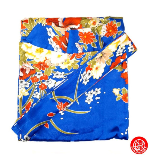 Kimono court satiné imprimé GRANdES FLEURS bleu roi (90cm)