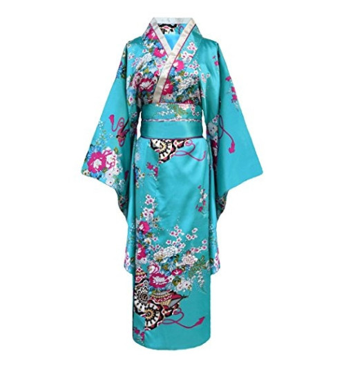 Kimono imprimé GRANdES FLEURS grand noeud bleu turquoise