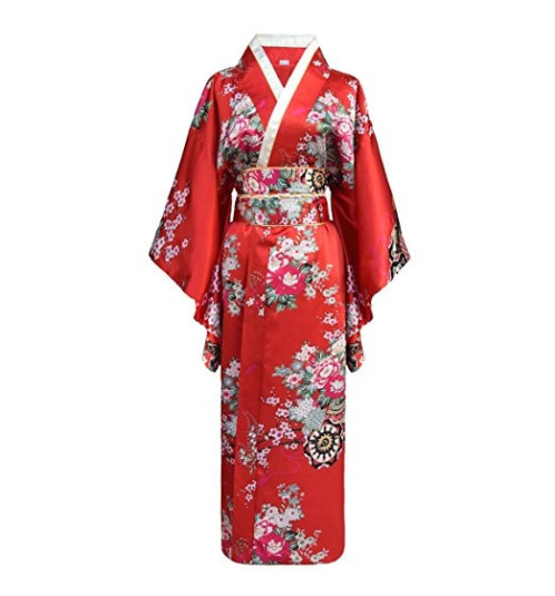 Kimono imprimé GRANdES FLEURS grand noeud rouge foncé