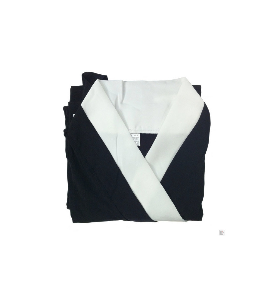Kimono long noir uni et col blanc 100% soie (TU)