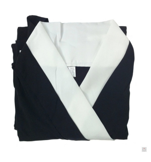 Kimono long noir uni et col blanc 100% soie (TU)