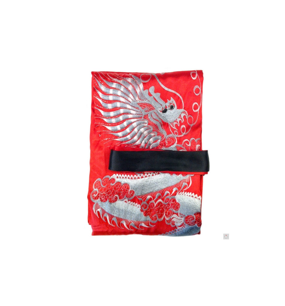 Kimono long réversible BROdé rouge DRAGON argenté / noir DRAGON rouge (TU)