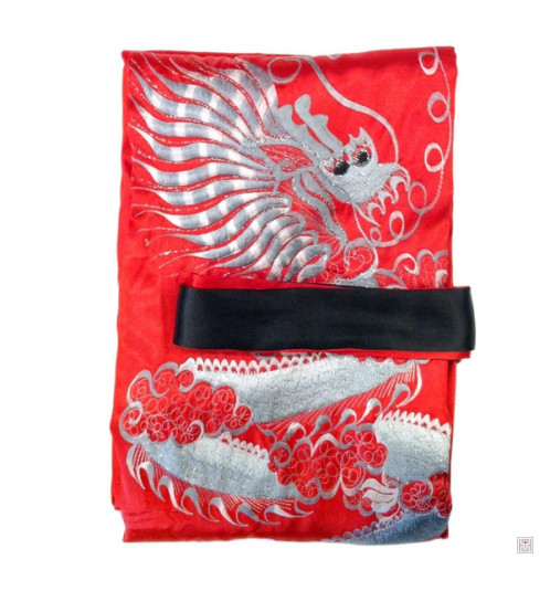 Kimono long réversible BROdé rouge DRAGON argenté / noir DRAGON rouge (TU)