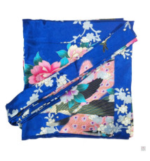 Kimono long satiné imprimé FLEURS & PAON bleu roi (120cm)