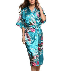 Kimono long satiné imprimé FLEURS & PAON bleu turquoise (120cm)