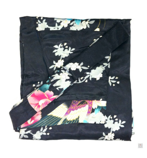 Kimono long satiné imprimé FLEURS & PAON noir (120cm)
