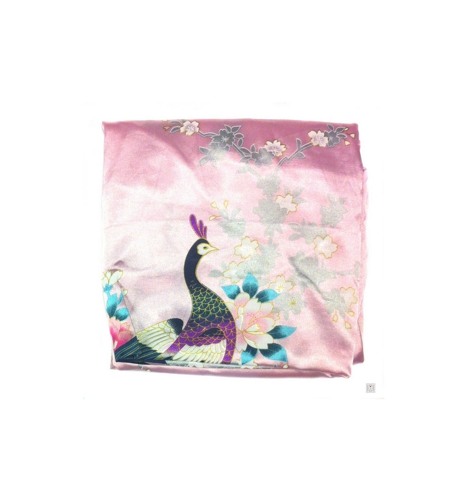 Kimono long satiné imprimé FLEURS & PAON rose clair (120cm)