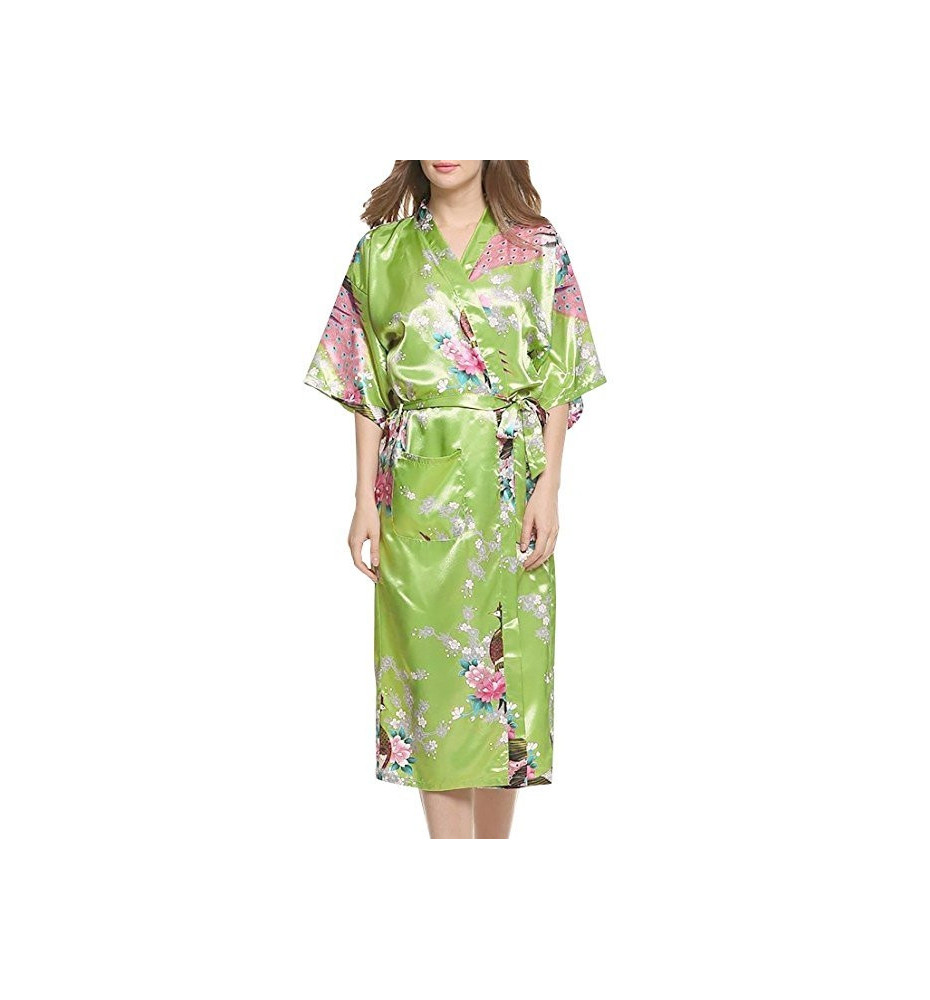 Kimono long satiné imprimé FLEURS & PAON vert clair (120cm)
