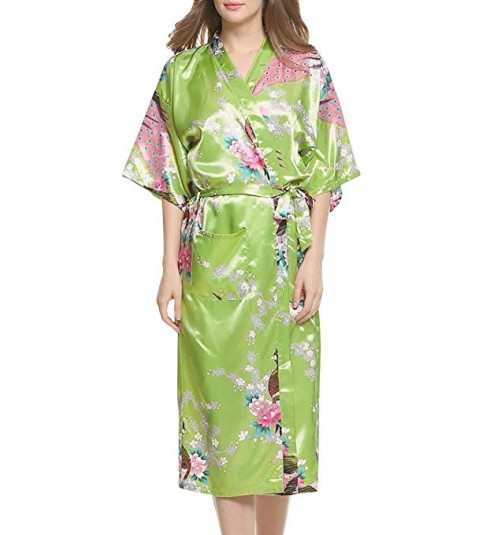 Kimono long satiné imprimé FLEURS & PAON vert clair (120cm)