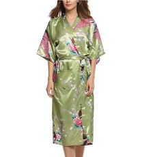 Kimono long satiné imprimé FLEURS & PAON vert olive (120cm)